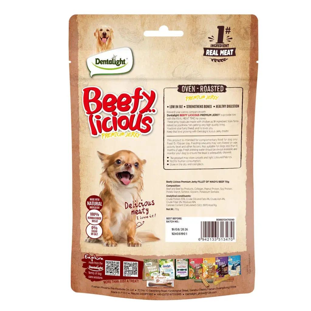 Dentalight Beefy Licious Jerky Treats For Dogs-Fillet of Wagyu Beef 70g Dentallight