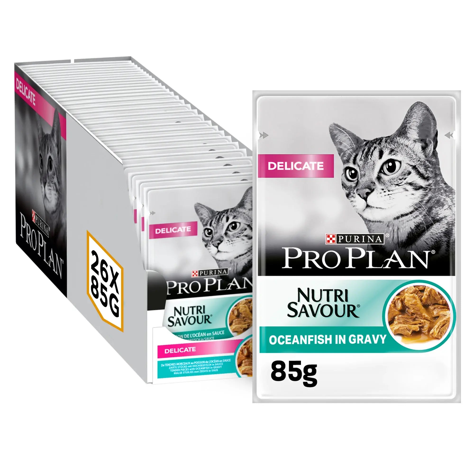 PRO PLAN DELICATE WET CAT FOOD WITH OCEANFISH GRILLED IN GRAVY, 26 X 85G PetFit.ae