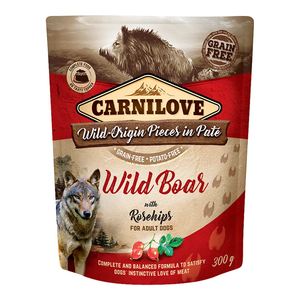 CARNILOVE WILD BOAR WITH ROSEHIP FOR ADULT DOGS WET FOOD POUCHES 12X300G Carnilove