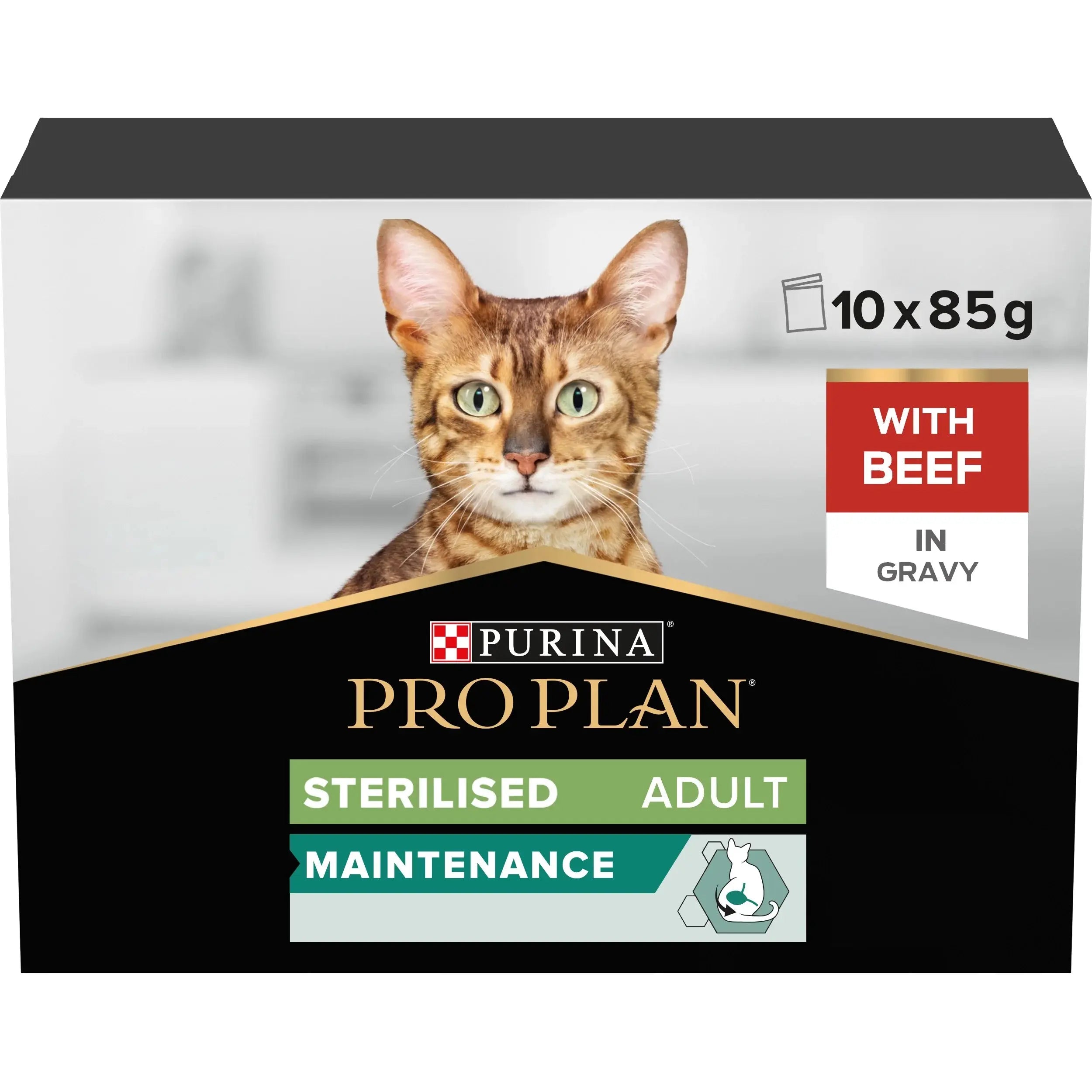 PRO PLAN STERILISED WET CAT FOOD BEEF IN GRAVY MULTIPACK 10 X 85G Purina Pro Plan